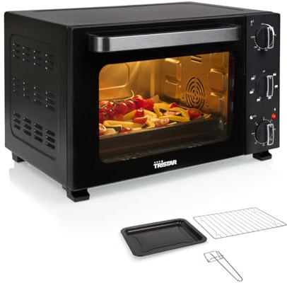 Tristar Varmluftsugn, 27 l kapacitet, 1500 W, 6 värmenivåer, konvektionsfunktion, timer 90 min, termostat 90–230 °C, dubbelglasdörr, inomhusbelysning, inklusive tillbehör, OV-3627