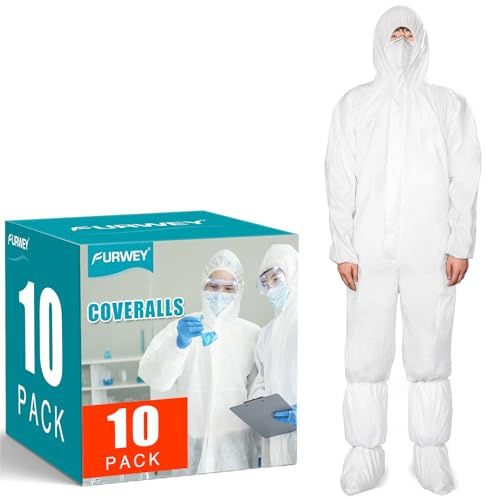 Hazmat Suits 10Pack Disposable Protective Coveralls, Heavy Duty Full Body Painters Suit for Men & Women with Shoe Covers,Elastic Wrists, Ankles and Hood, Available in 4 sizes-X-Large