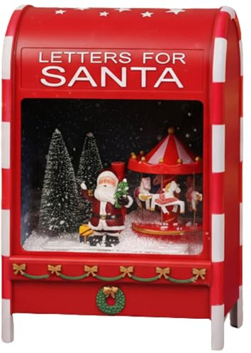sarcia.eu Buzón navideño con Papá Noel y carrusel, Carillon LED, Adorno navideño, Rojo 40x25x15 cm (C)