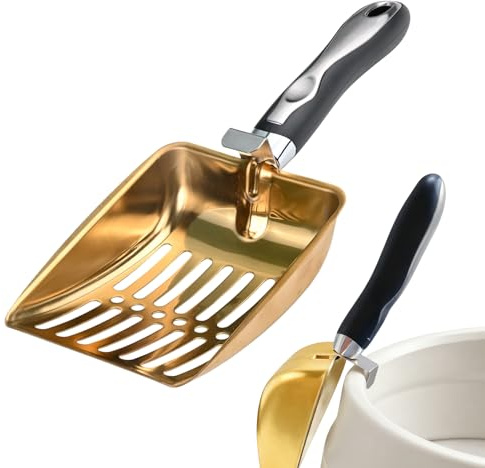 Paletta Lettiera Gatto e Paletta per Lettiera Gatto in Acciaio Inossidabile 430 con Maglia Filtrante Ampia ed Efficace, Design con Appendino e Foro di Sospensione, Colore Oro, Dimensioni 26.2x9.5 cm