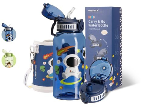 UZSPACE Gourde Enfant avec 2 Bouchons - Gourde Sport 600ml en Tritan avec Paille - Anti-fuite, Sans BPA, Fournie avec Housse - Pour Filles et Garçons, Espace Naval