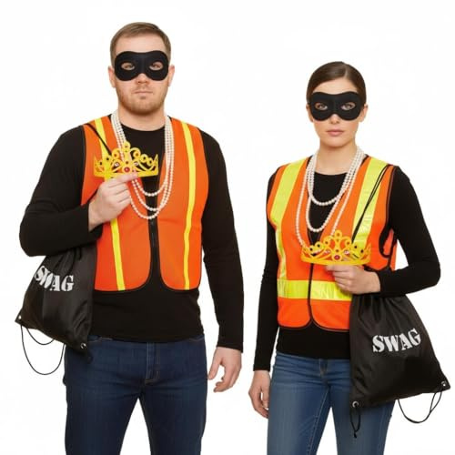 Louvre Robbers Duo Costume Set – Includes 2 x High-Vis Vests, 2 x Burglar Masks, 2 x Robber Bags, 2 x Pearl Bead Necklaces & 2 x Tiara Crowns – Funny Fancy Dress Duo Outfit for Couples & Adults