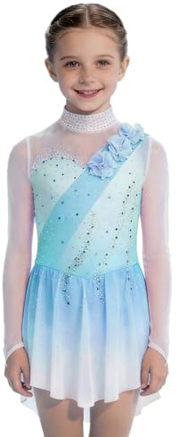 Oyolan Eiskunstlaufkleid für Mädchen mit Farbverlauf Langarm Rollschuhkleid Strass 3D-Blumen Turntrikot Ballettkleid Rollkunstlauf Kürkleider Wettkampf Tanz