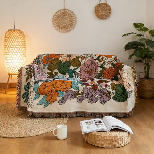 Lifevc Vintage Cotton Crochet Sofa Cover, Colorful Floral Pattern 3 Cushions Couch Cover, Soft Durable Multifunctional Furniture Cover for Living Room L Shaped Sectional, 71x134