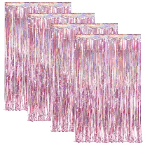 Rairsky 4 Piezas Cortinas de Espumillón,2m x 1m Cortina de Oropel,Cortina Cumpleaños,Cortinas Decorativas Cumpleaños para Banquete,Cumpleaños,Boda,Fiesta de Navidad,Halloween (Rosa)