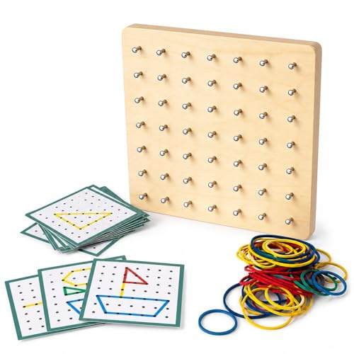 VEXORA Montessori Geobrett Holz Lernspiel 68 Teile Geometrie Motorik Lernspiel Kinder ab 3 Jahren mit Vorlagen und Gummibändern