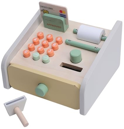 Asixxsix Registrierkassenspielzeug, Rollenspiel-Registrierkassenset aus Holz mit Scanner und Einkaufskarte für ab 3 Jahren, Registrierkassen-Lebensmittelladen-Spielset Zum Erlernen von Mathematik und