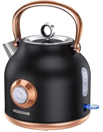 NESSGRAIM Retro Electric Kettle, 1.7L Stainless Steel Tea Kettle with Large Temperature Gauge, 1500W Fast Heating Hot Water Boiler with LED Indicator, Auto Shut-off & Boil-Dry Protection-Reteo Black
