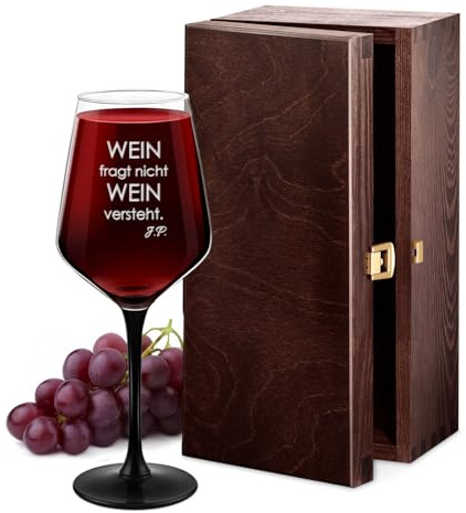 Maverton Rubin Weinglas mit Gravur 290 ml - Rotweingläser mit schwarzem Stiel - Ø 8 cm, H: 20,5 cm - Weingläser für Männer - Wein Glas für Mann - Geschenke für Männer
