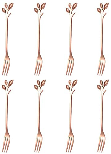 CHAMEEN Fork Set Dessert Cake Fruit Fork Mini Handle Fork Stainless Steel Kitchen Accessories with Leaf Shape for Home Party 8 Pieces Rose Gold