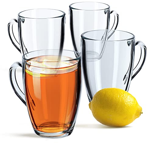 KADAX Vasos de Vidrio Transparente de 350 ml para Bebidas Calientes o Frías, Tazas de Cristal con Asa para Café con Leche, Té y Infusiones (Juego de 4)