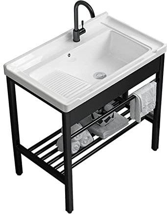 Lavandino Cucina,Lavabo in Ceramica-Professionale a 1 Scomparto,con Rubinetto E Gambe,lavello Multiuso da appoggio for Lavanderia,Cortile,Garage,Ristorante,Cucin (Color : Hot Cold Faucet, Size : 60X