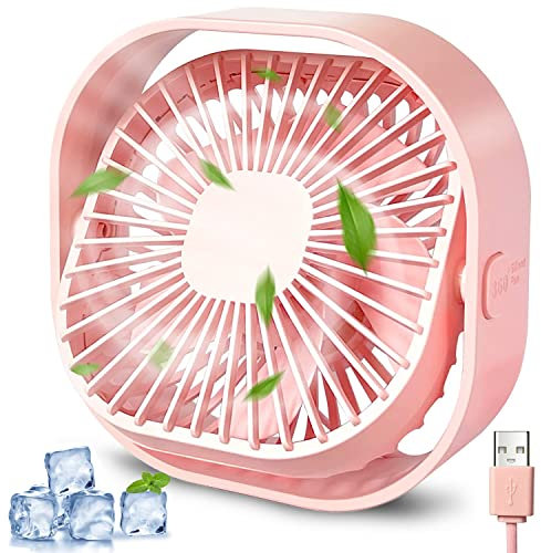 USB Desk Fan Small Table Fans - 360°Rotatable Mini Desktop Cooling Fan with 3 Speeds Adjustable, USB Silent Powerful Bed Fans with Cable, Strong Airflow for Home Office Bedroom Car in Hot Day (Pink)