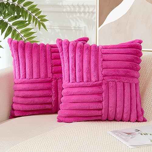 JOTOM Set of 2 Faux Rabbit Fur Cushion Covers with Splicing 45x45 cm Soft Striped Decorative Throw Pillow Covers Square Cushion Case Home Decor Pillow Cases for Couch Sofa Bed 18x18 Inch (Hot Pink)