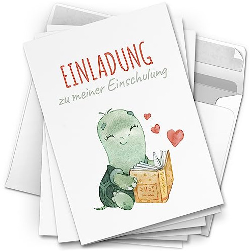 10 Einladungskarten Einschulung mit Umschlag Erste Klasse 1. Schultag Schule Klappkarten Design Schildkröte