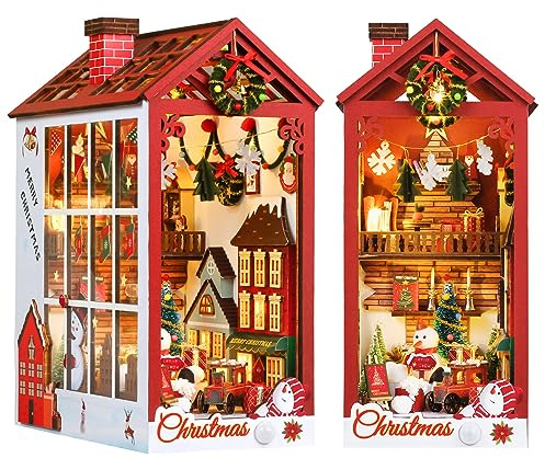 Cuteefun DIY Weihnachten Book Nook, Miniatur Haus Kit mit LED | Buchstützen aus Holz, Bücherregal-Dekoration, Kreatives Handwerk, Einzigartiges Geschenk zum Weihnachten Geburtstag