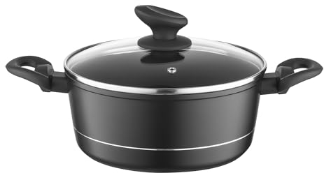 FLORINA Olla de Aluminio (3 l) I 22 cm I Olla con Tapa de Vidrio DELUX I Medidor y Revestimiento Antiarañazos I Cazuela Induccion I Apta para Cocina de Inducción, Gas y Eléctrica (Negra)