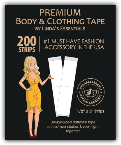Linda's Essentials Double Sided Body and Fashion Tape (200 Pack) - Extra Adhesive Double Sided Boob Tape for Clothes & Skin, All Fabric Types, Perfect for Dresses, Body & Bra Support