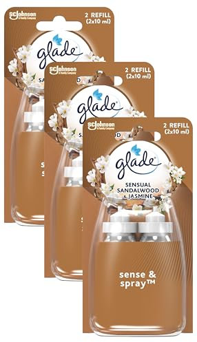 Glade Sense & Spray Air Freshener Refill, Motion Activated Automatic Room Spray and Odour Eliminator for Home, Sandalwood & Jasmine, Duo Pack (2 x 18ml) (Pack of 3)