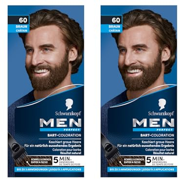 Schwarzkopf Men Perfect Bart-Coloration 60 Natur Braun Stufe 2 (2x 30 ml), Bartfärbemittel zum Kaschieren grauer Haare für ein natürlich aussehendes Ergebnis, schnelle Anwendung