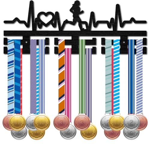 CREATCABIN Medaillenhalter Laufen,Sportmedaillen-Aufhänger,Wandregal,Rahmen,Schwarz Aufhängen von Auszeichnungen,Halterung,Dekor,Sportband-Organizer Für Läufer,Rennen,Marathon,Athleten,Spieler,40x15cm