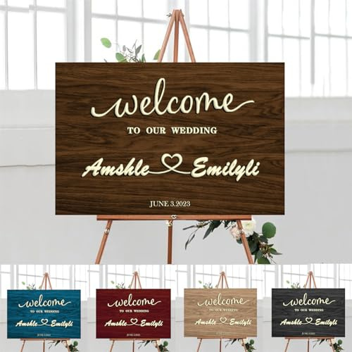 Cartello con scritta Welcome To Our Wedding (lingua italiana non garantita) con nome e data, targa in legno rustica, per cerimonia di matrimonio, ricevimento, cartello per ingresso di nozze,