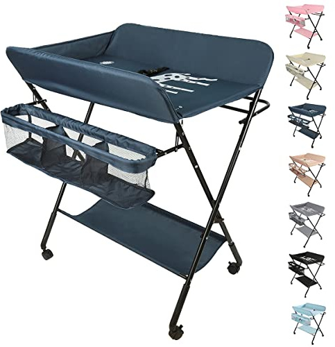 OHMG Fasciatoio Pieghevole Fasciatoio Portatile con Cintura di Sicurezza e Scomparti Portaoggetti,Tavolo Cambio Pannolini Multifunzionale Portatile per Bagnetto Neonati,4 ruotes