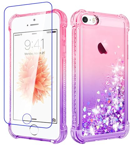 Pilaru for iPhone SE 2016(1st),iPhone 5/5S Case Clear Liquid Heart Lovely Glitter Soft TPU Cover Transparent Girly Protective Phone Case for iPhone SE (1st Gen),Pink/Purple