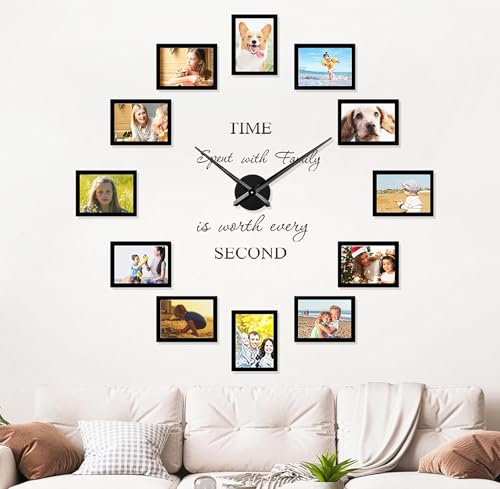 Luming DIY Wanduhr Groß Bilderrahmen Collage Wanduhren Modern Wohnzimmer Uhr Wand -12 Stücke Acryl- Bilderrahmen 13x18 Schwarz - Bilderrahmen Set Fotorahmen für Mehrere Fotos - Wanduhr Wall Clock