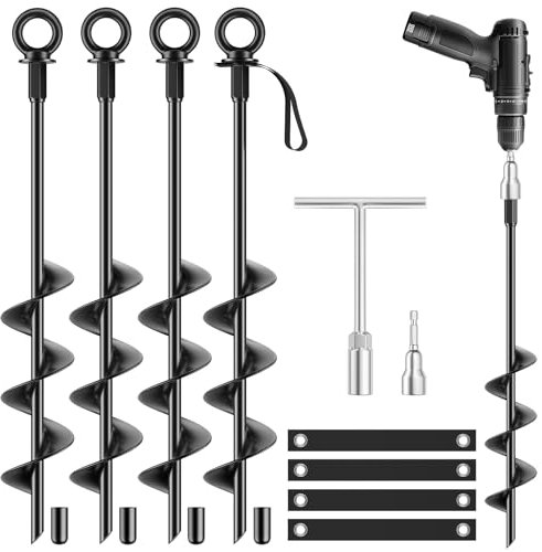 Ground Anchors Heavy Duty Tent Stakes 18 Inch Swing Set Anchors Kit Screw in Fully Welded Spiral Earth Anchors Trampoline Stakes High Wind Metal for Shed Tent Carports Securing Animals Camping 4Pcs
