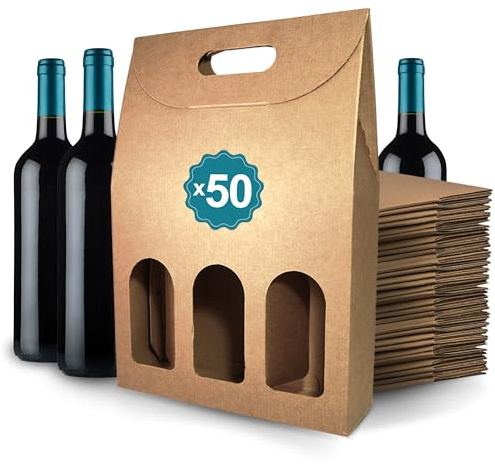 50 leere Schachteln aus Kraftkarton für 3 Weinflaschen, 27 x 9 x 40 cm | Verpackung für Weinflaschen für Geschenke: Weihnachten, Ostern, Geburtstag, Hochzeit | Weinkeller