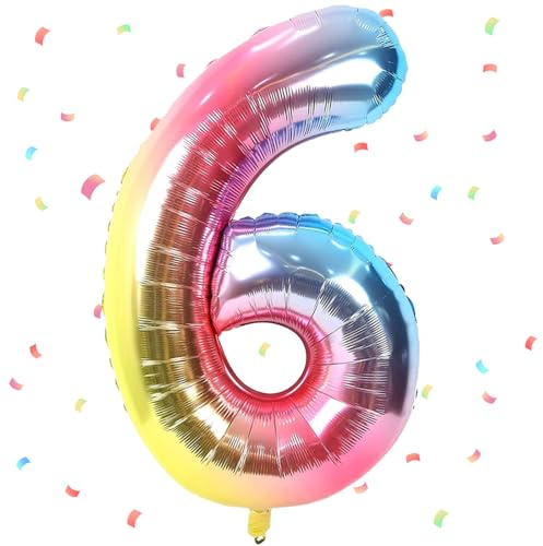 Regenbogen Luftballon 6,Zahlen Luftballon Regenbogen,40 Zoll Bunt Folienballon 6，101cm Sandweiß Zahlenballon 6 Helium Ballon Luftballon 6 Geburtstag für 6 Jahre Geburtstagsdeko Kinder Mädchen Junge
