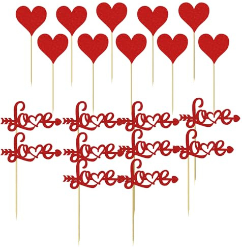 Valentine's Day Cupcake Toppers, 20pcs Red Glitter Cake Toppers, Love Heart Valentine Cupcake Picks for Valentine's Day Wedding Engagement Party Cake Decorations Supplies