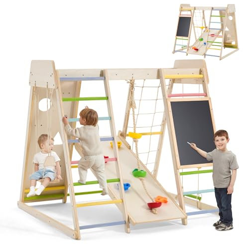 EROMMY Klettergerüst Indoor,9 in 1 Indoor-Spielplatz,Geeignetes klettergerüst Indoor ab 3 Jahre mit Rutschbrett, Kletterwand, Kletterseil,Wandtafel,Affenbar...