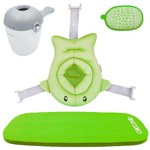 CROCOKID® Baby Badewannen Zubehör - Universelles Säugling Badekissen mit Haarspülbecher | Komplettes Baby Bade Set 5-teilig, Kompatibel mit Faltbarer Babywanne - Grün