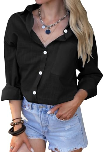 Lancry Camisa de lino para mujer, blusa de lino de algodón con botones para mujer, blusas para el trabajo en la oficina, tops de lino, Negro , XL