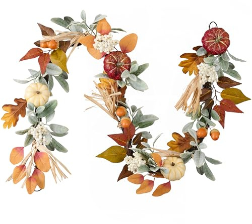 Valery Madelyn 150cm Herbstgirlande, Türkranz Künstlich Kürbis Herbstdeko | Beeren,Ahornblatt für Haustür,Deko Tisch Fenster Party außen,Geschenk für Thanksgiving Erntedankfest,Orange