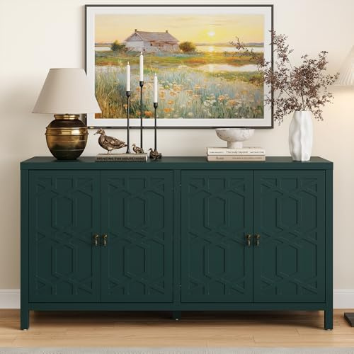 RoyalCraft Buffet Cabinet with Storage, 60 W Modern Coffee Bar Sideboard with 4 Doors & Adjustable Shelves, Painted Wooden Credenza for Dining Room, Kitchen, Living Room, Entryway, Turquoise Blue