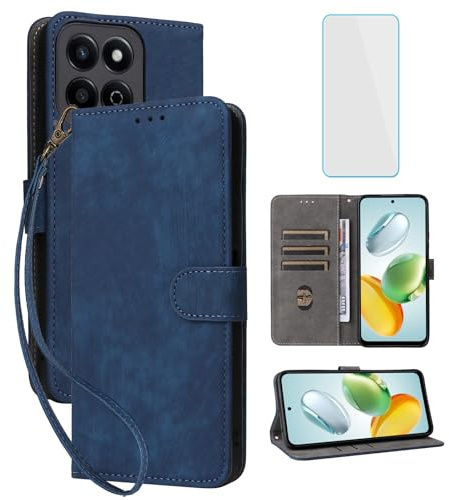 IUQXU RFID Wallet Phone Case for Honor 200 Smart 5G/Honor X7C Blue | with Screen Protector,Leather Flip Cover,Kickstand,Mobile Phone Case for HonorX7C Honor200 Smart Honor 200Smart Honor200Smart