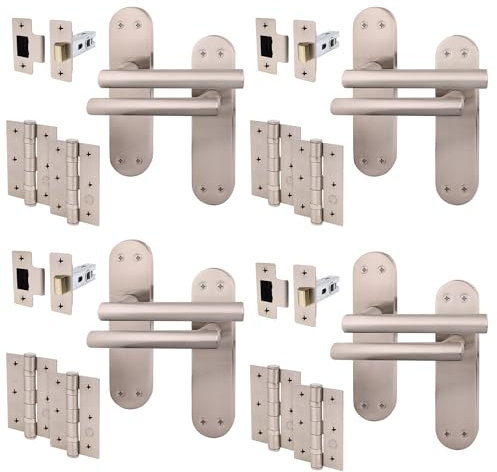 EAI Satin Door Handle Latch Set | 4 Pairs of Satin Nickel Internal T-Bar Handles on Backplate with Hinges (76mm) & Latches (64mm) | Oliena Range