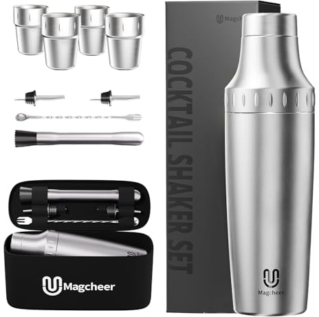 Magcheer Shaker Cocktail Professionale Isolato con 4 Pezzi Tazza Impilabile | Set Cocktail 9 Pezzi con Borsa da Viaggio | Kit Cocktail 900ml Adatto a Principianti e Baristi(Argento)