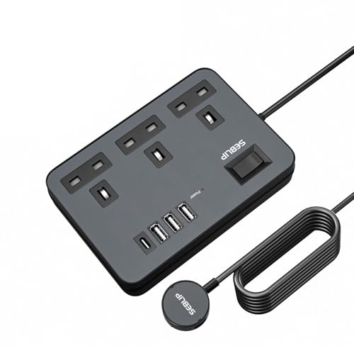 Extension Lead with 4 USB Slots, 3 Way Plug Extension Socket with Switches Power Strip, Extension Cord with Power Switch, 3m Extension Cable for Office Bedroom Black