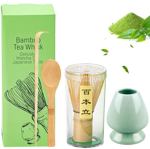 4-Teiliges Matcha Besen Set - Matcha Tee Set mit Matcha Whisk, Matcha Besen Halter aus Keramik, 2 Matcha Löffel -Matcha Zubehör