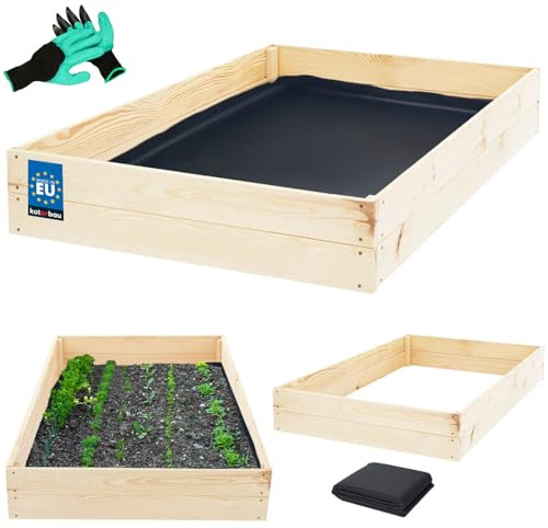KOTARBAU® Hochbeet für Garten - 120 x 80 x 18 cm - Gemüsebeet - Pflanzkasten mit Vlies - Kräuterbeet + Handschuhe mit Krallen - Blumenkasten aus Kiefernholz - Natürlich