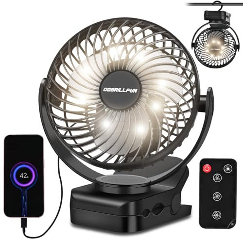GOBRILLFUN 6 Zoll 12000 mAh Fernbedienung Clip-On-Ventilator, LED-Nachtlicht, 3 Geschwindigkeiten, tragbarer persönlicher USB-Ventilator für Zuhause, Büro, Wohnmobil, Camping im Freien – Schwarz