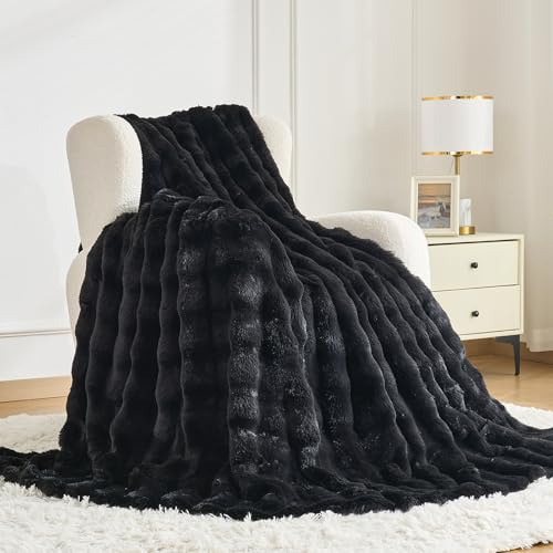 OMERAI Kuscheldecke Flauschig Bubble Decke Flauschig Weich Dicke Decken | Kuscheldecken aus Kunstfell Decke für Couch Bett Sofa Waschmaschinengeeignet Kuscheldecke Schwarz Decken 180X230CM