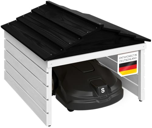 STEELSØN Nembus Mähroboter Garage Weiß – Rasenroboter Garage Holz – Rasenmäher Haus mit abnehmbarem Dach – für gängige Rasenmähroboter – Rasenmäher Unterstand mit UV-Schutz – Überdachung Mähroboter