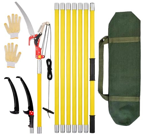 Astsäge mit Teleskopstiel 8m – 3-in-1 Teleskopsäge, Astschere & Hochentaster mit federunterstütztem Seilzug | Leichte Baumsäge für Gartenpflege & Baumschnitt | Mit Tragetasche & Ersatzsägeblatt (Gelb)