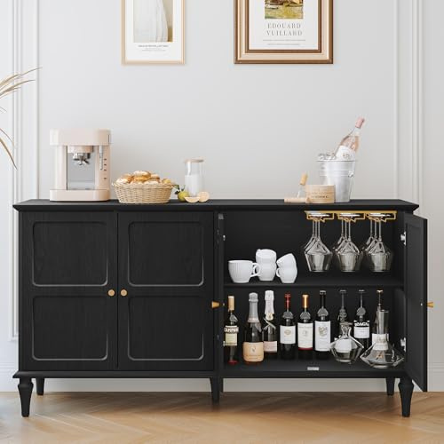 HOLTICO Sideboard with 4 Doors, Drinks Cabinet with Wine Glass Racks, Mid-Century Wooden Accent Cabinet, Modern Black Sideboards for Living Room, Dining Room, Kitchen, Hallway