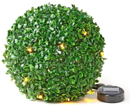 Kiswa collection 28cm Green Topiary Balls with 20 Solar LED Lights, Hanging Topiary Ball Sphere Decorative for Wedding Artificial Plant, Backyard Balcony Garden Décor